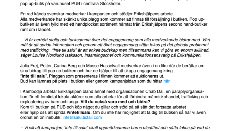 Erikshjälpen öppnar pop up-butik tillsammans med kända svenskar - med budskapet “inte till salu”