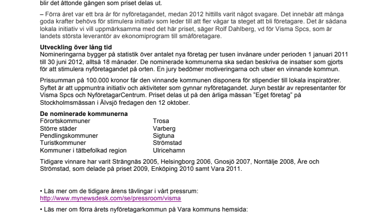 Fem tävlar om att bli Årets nyföretagarkommun