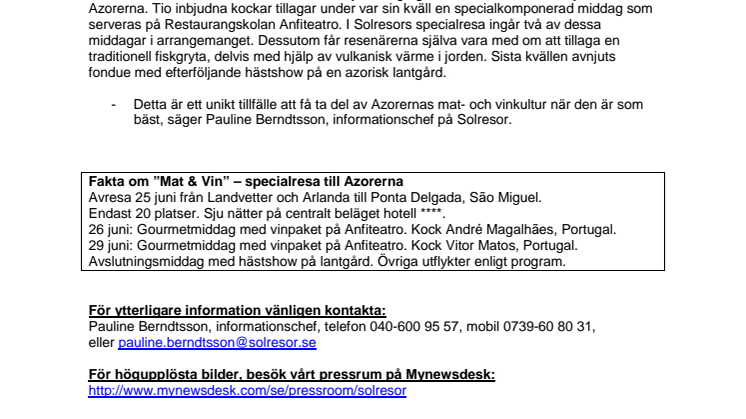Solresor erbjuder unik matresa till Azorerna