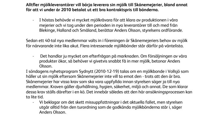 Intresset för att lämna mjölk till Skånemejerier är stort