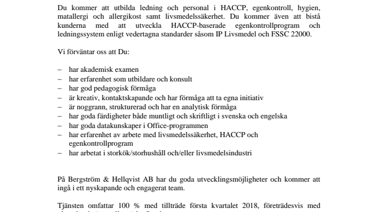 Vi söker ​utbildare och konsult i livsmedelssäkerhet
