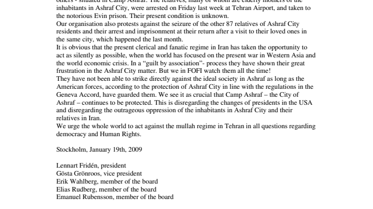 FOFI/Sweden statement: protest against arrests of relatives of members of the PMOI