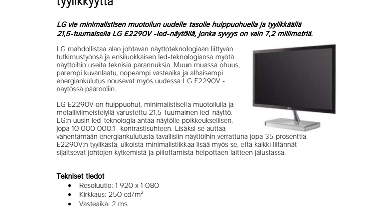 Huippuohut LG E2290V -näyttö tuo työpöydälle tyylikkyyttä
