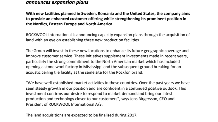 The ROCKWOOL Group concludes a successful transformation and announces expansion plans