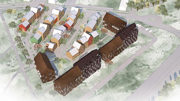 Vy över det nya bostadskvarteret i södra Råbylund. Illustration: Gunilla Svensson Arkitektkontor