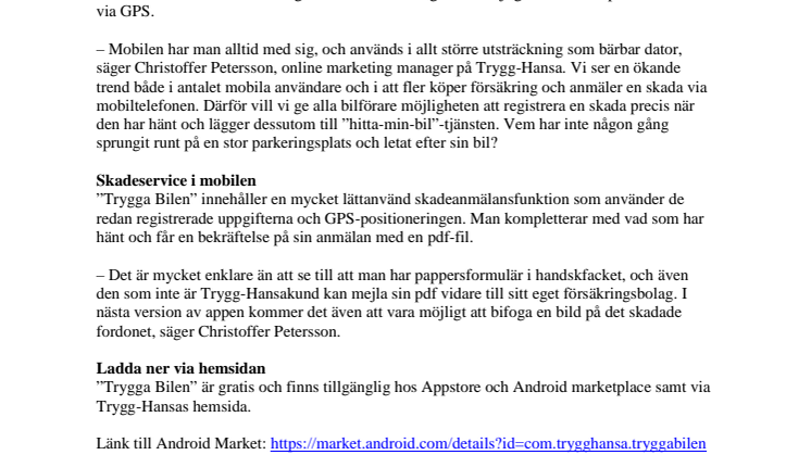 Trygg-Hansa lanserar ny smartphone-app: Trygga Bilen