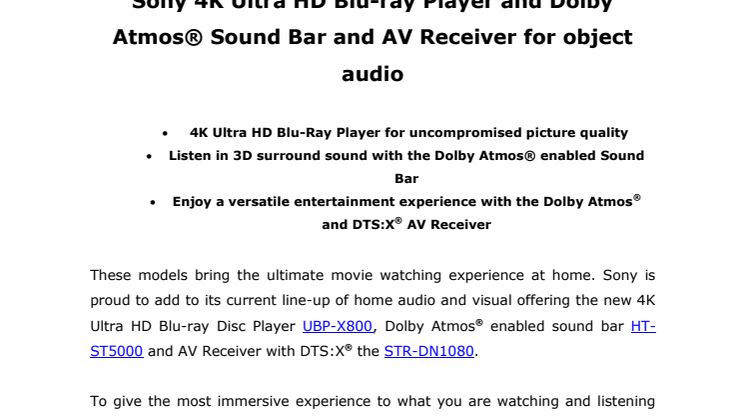 Sony lanserar 4K Ultra HD Blu-ray-spelare, Dolby Atmos-soundbar och AV-receiver för objekt ljud