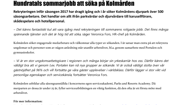 Hundratals sommarjobb att söka på Kolmården