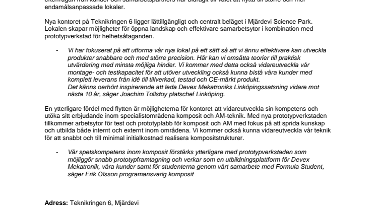 Nya framtidslokaler för Devex Mekatronik i Linköping