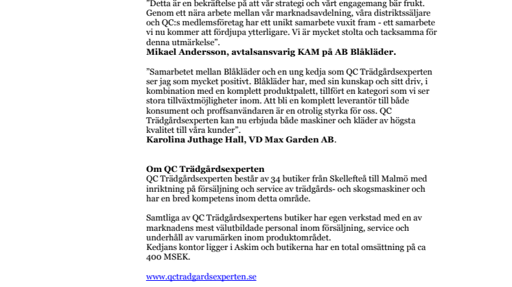 AB BLÅKLÄDER - 2015 ÅRS LEVERANTÖR TILL QC TRÄDGÅRDSEXPERTEN!