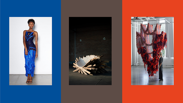 Verk i bild: Emma K Gudmundson "Floats", Anton Brunberg "Pallet Thief", Mirjam Hemström "The Metamorphosis of Weaving"