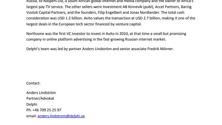 Delphi advises Northzone in the sale of shares at a value of USD 155 million