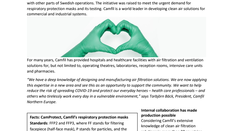 Camfil begins production of CamProtect, respiratory protection masks in Sweden