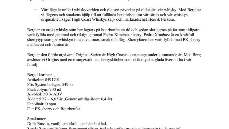 Berg – Fjärde utgåvan i Origins-serien från High Coast Whisky