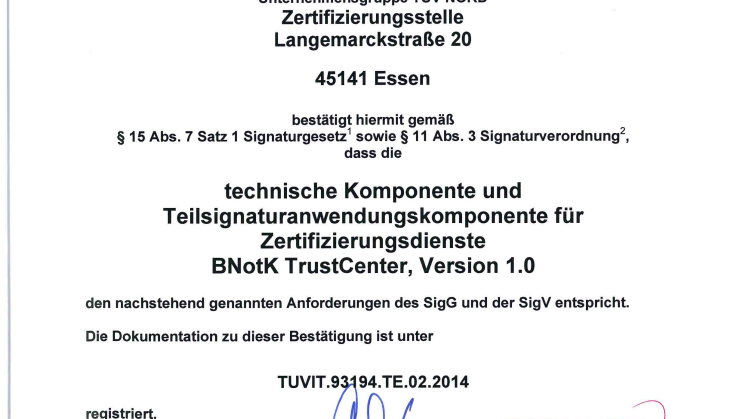 Urkunde TÜV-IT-BNotK-TrustCenter