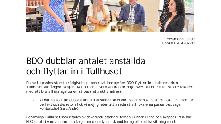 BDO dubblar antalet anställda  och flyttar in i Tullhuset