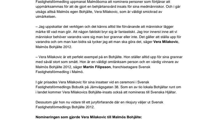 Vera Milakovic är Malmös Bohjälte 2012  