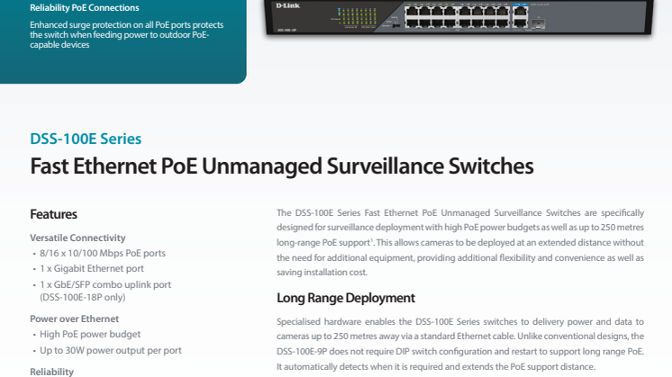 Datablad, DSS-100E Serie, Fast Ethernet PoE Unmanaged Surveillance Switches