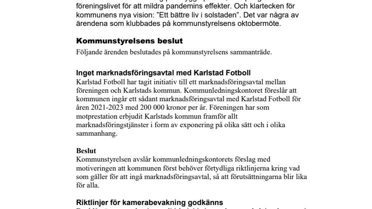 Kommunstyrelsen i korthet den 20 oktober