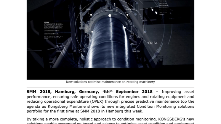 Kongsberg Maritime - SMM 2018: New Condition Monitoring solutions set to reduce OPEX and maximise equipment uptime 