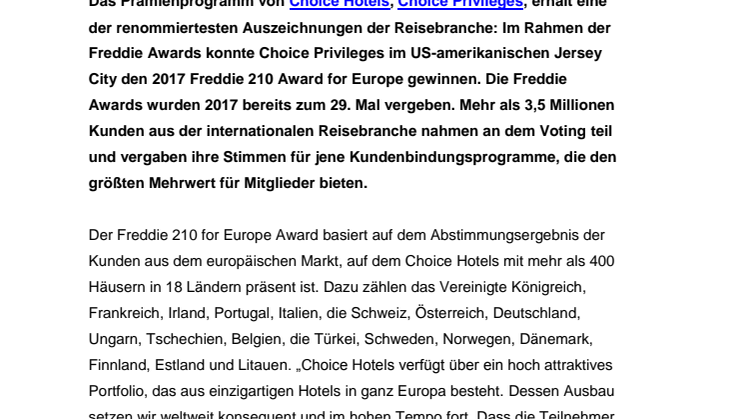 Prämienprogramm Choice Privileges gewinnt in Europa