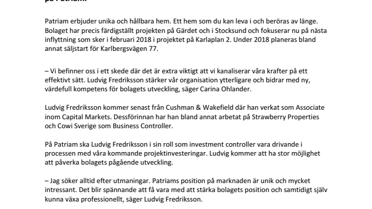 Patriam stärker upp och rekryterar en investment controller 