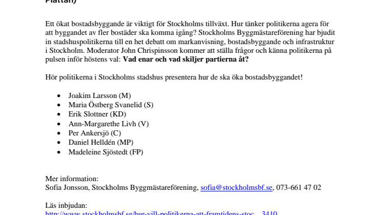 Pressinbjudan: Bostadspolitisk debatt - Hur vill politikerna att framtidens Stockholm ska se ut?