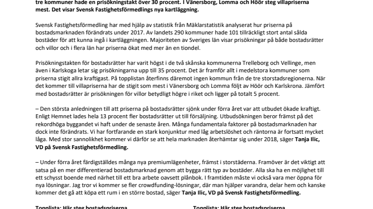 Svensk Fastighetsförmedlings årskrönika: Så har bostadspriserna utvecklats under  2017 – kommun för kommun