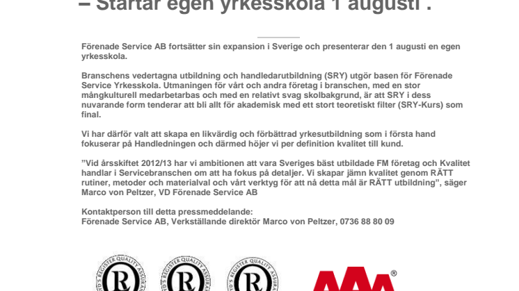 Förenade Service AB – Startar egen yrkesskola 1 augusti 