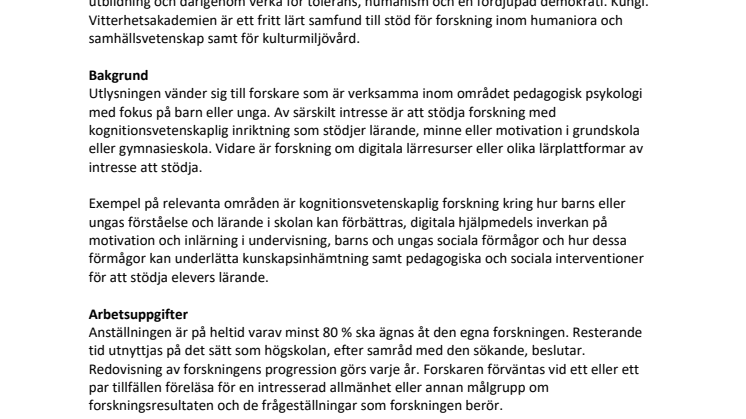 Utlysning akademiforskartjänst inriktning Pedagogisk psykologi
