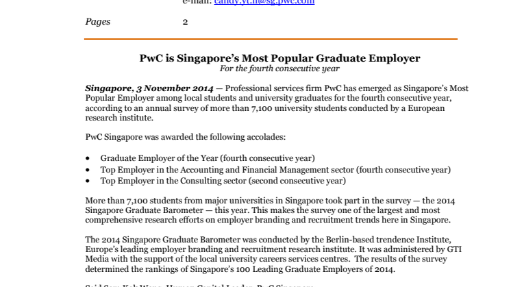 PwC is Singapore’s Most Popular Graduate Employer 