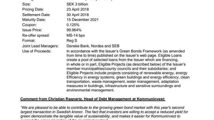 Press Points Kommuninvest Green Bond Transaction 23 April 2018