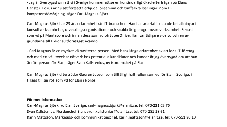 IT-veteranen Carl-Magnus Björk ny vd för Elan Sverige