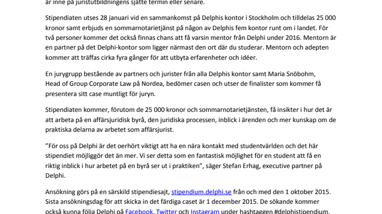Delphi utlyser studentstipendium inom affärsjuridik