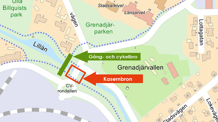 Kasernbron samt gång- och cykelpassagen vid CV-rondellen (det rödmarkerade området) kommer vara avstängt för trafik. Cyklister och fotgängare hänvisas till gång- och cykelbron bredvid Kasernbron. Övrig trafik leds om via närliggande gator.