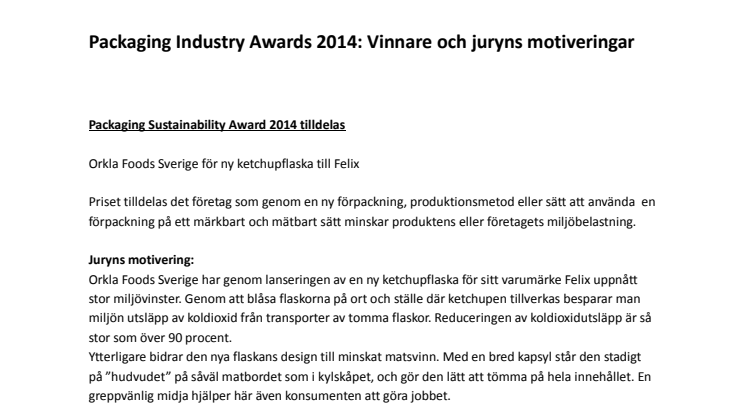 Packaging Industry Awards 2014 Juryns motivering