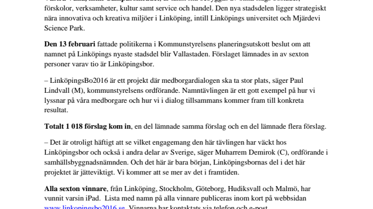 Vallastaden vinnare i namntävlingen för LinköpingsBo2016