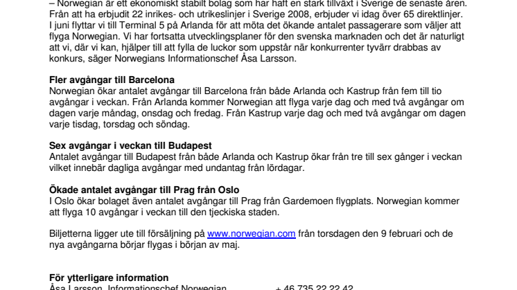 Norwegian ökar kapaciteten till Barcelona och Budapest