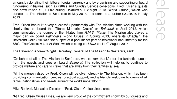 Fred. Olsen Cruise Lines’ guests and crew raise over £3,300  for The Mission to Seafarers 