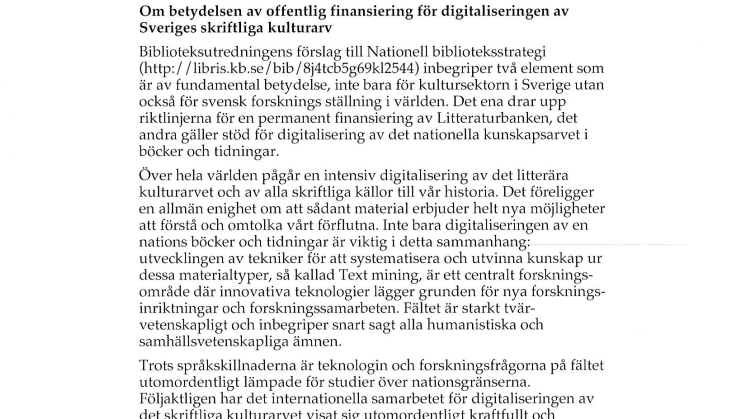 Brev till Sveriges regering om digitalisering av det skriftliga kulturarvet