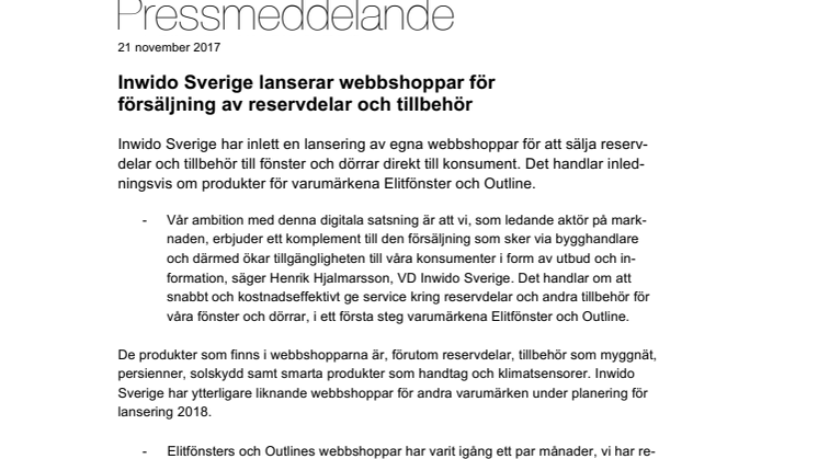 Inwido Sverige lanserar webbshoppar för försäljning av reservdelar och tillbehör