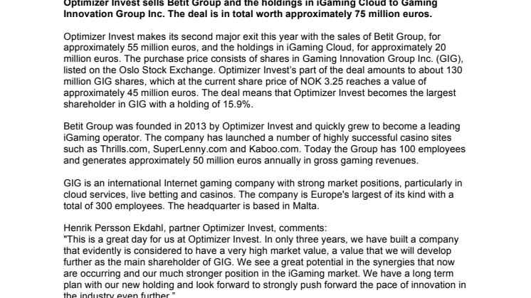Optimizer Invest sells Betit Group - becomes the largest shareholder in Gaming Innovation Group