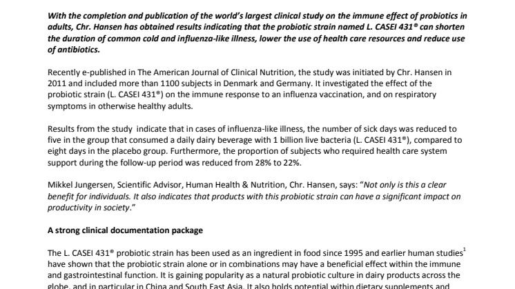New clinical study indicates: probiotics may shorten duration of common cold and lower use of health care resources