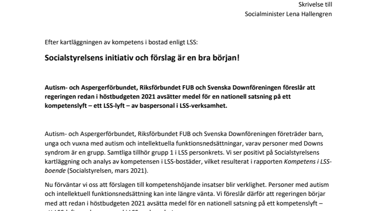 LSS-lyft Skrivelse till Lena Hallengren 15 juni 2021
