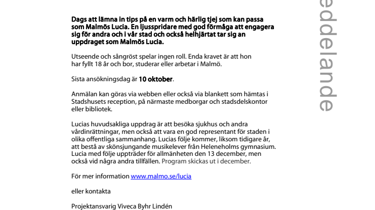 Nu söker Gatukontoret efter Malmös Lucia 2011