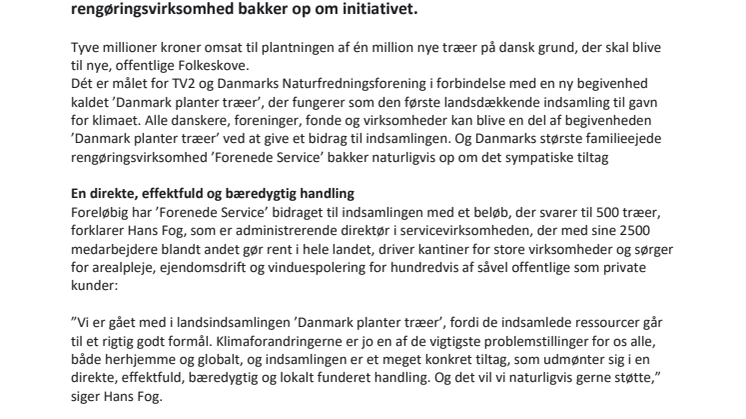 Forenede Service støtter landsindsamlingen ’Danmark planter træer’