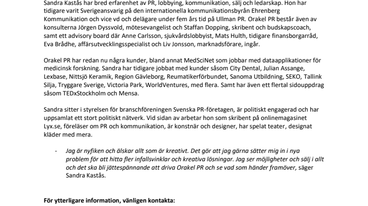 Sandra Kastås lanserar Orakel PR