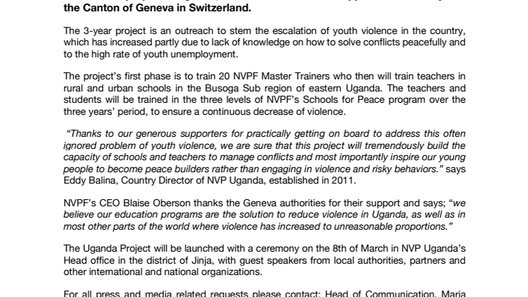 The Non-Violence Project Foundation (NVPF) launches an important 3-year project to reduce youth violence in Uganda.