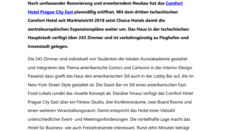Neues Comfort Hotel in Prag: Choice Hotels setzt Wachstumsstrategie in Tschechien fort