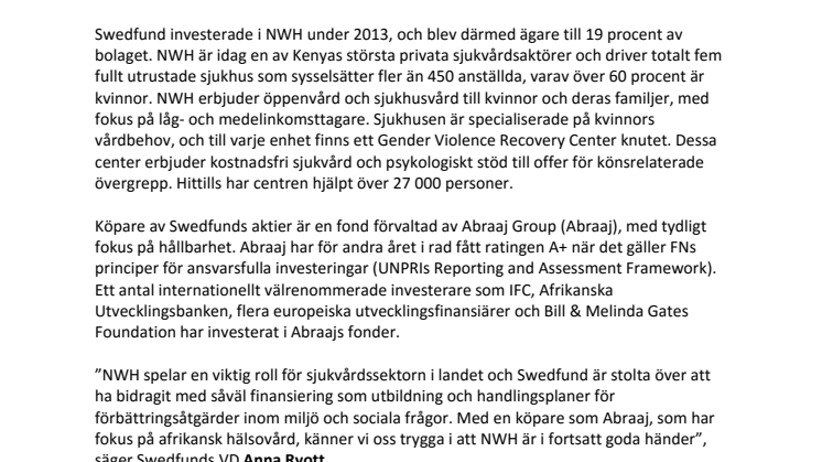 Swedfund säljer sin andel i Nairobi Women’s Hospital